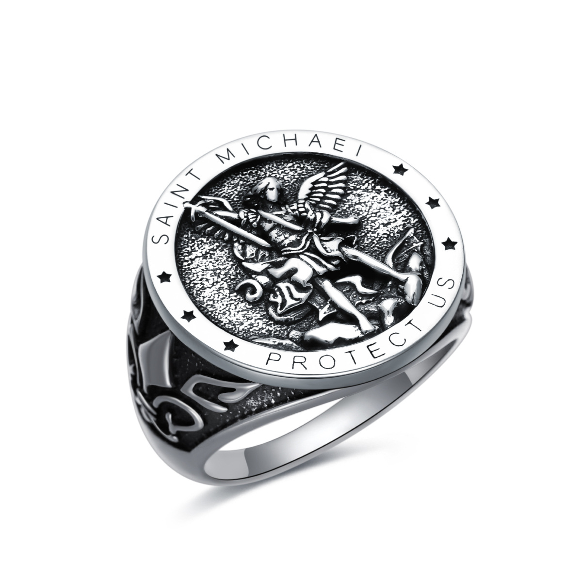 Sterling Silver Round Saint Michael Signet Ring with Engraved Word for Men-1