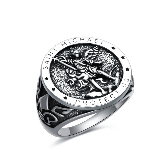 Sterling Silver Round Saint Michael Signet Ring with Engraved Word for Men-0