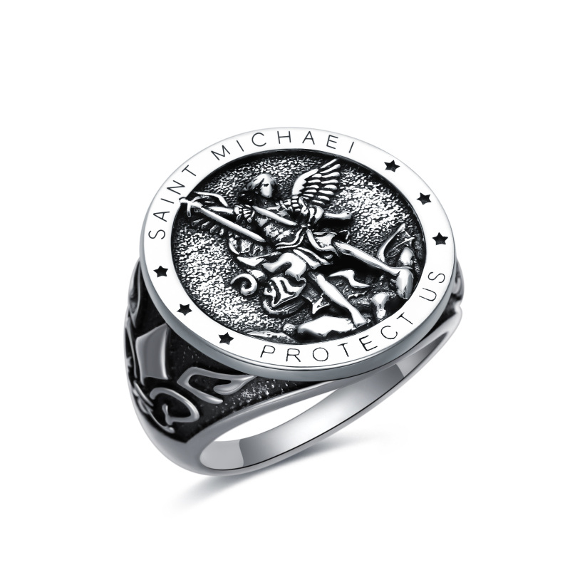 Sterling Silver Round Saint Michael Signet Ring with Engraved Word for Men