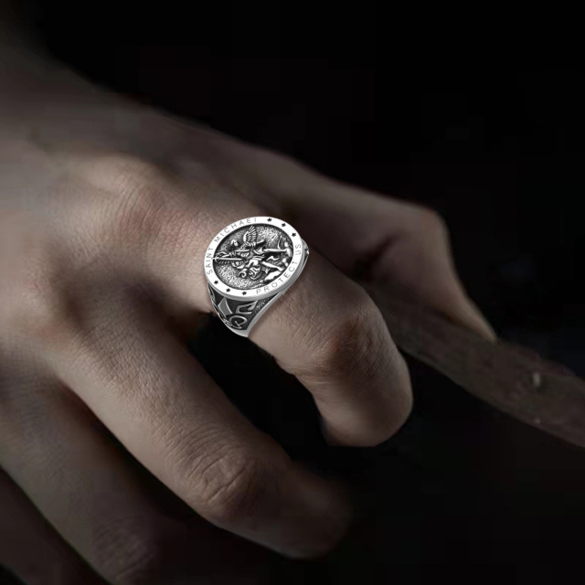 Anillo de plata de ley redondo de San Miguel con palabra grabada para hombre-1