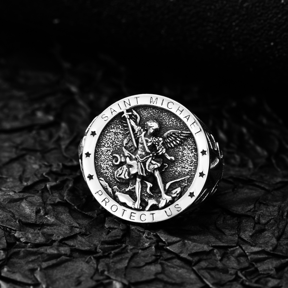 Sterling Silver Round Saint Michael Signet Ring with Engraved Word for Men-4