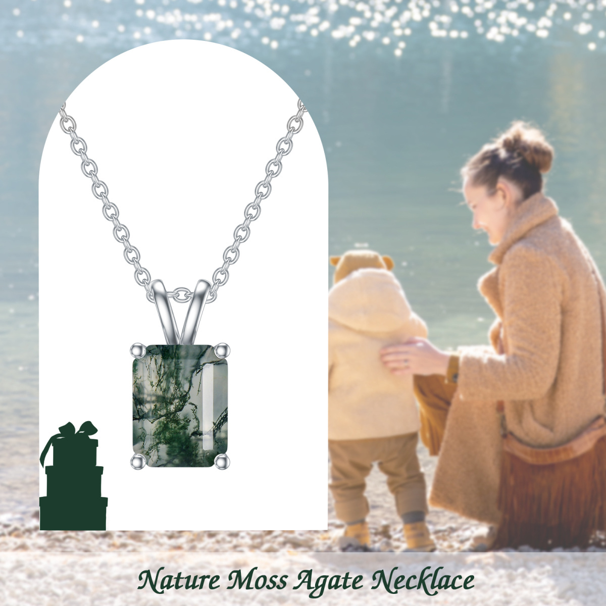 Sterling Silver Moss Agate Square Pendant Necklace-6