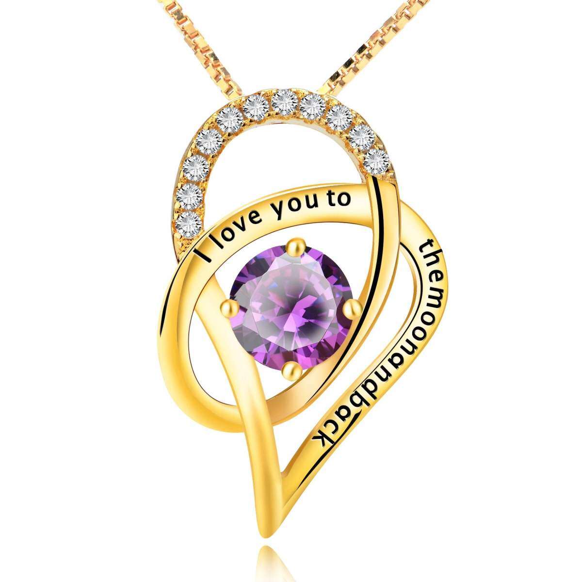 Sterling Silver with Yellow Gold Plated Circular Shaped Cubic Zirconia Moon Pendant Necklace with Engraved Word-1