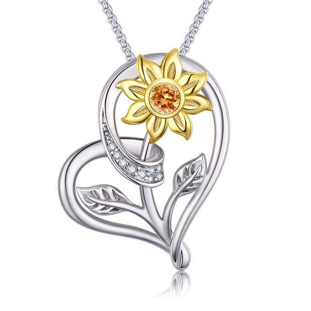 Sterling Silver Two-tone Circular Shaped Cubic Zirconia Sunflower & Heart Pendant Necklace-1