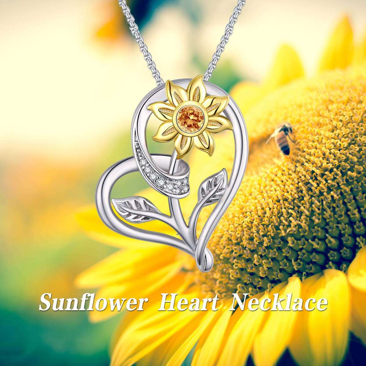 Sterling Silver Two-tone Circular Shaped Cubic Zirconia Sunflower & Heart Pendant Necklace-3