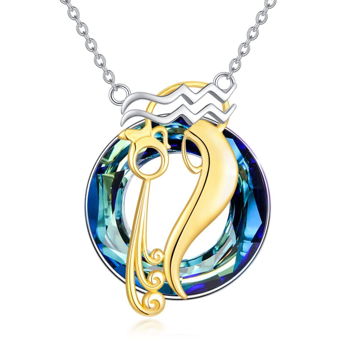 Sterling Silver Two-tone Round Aquarius Crystal Pendant Necklace-1