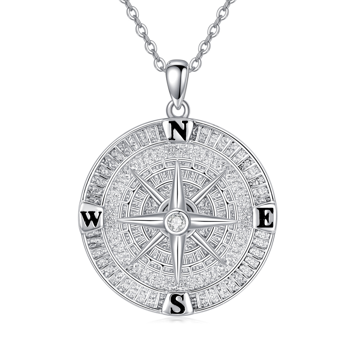 Sterling Silver Cubic Zirconia Compass Pendant Necklace for Men-1