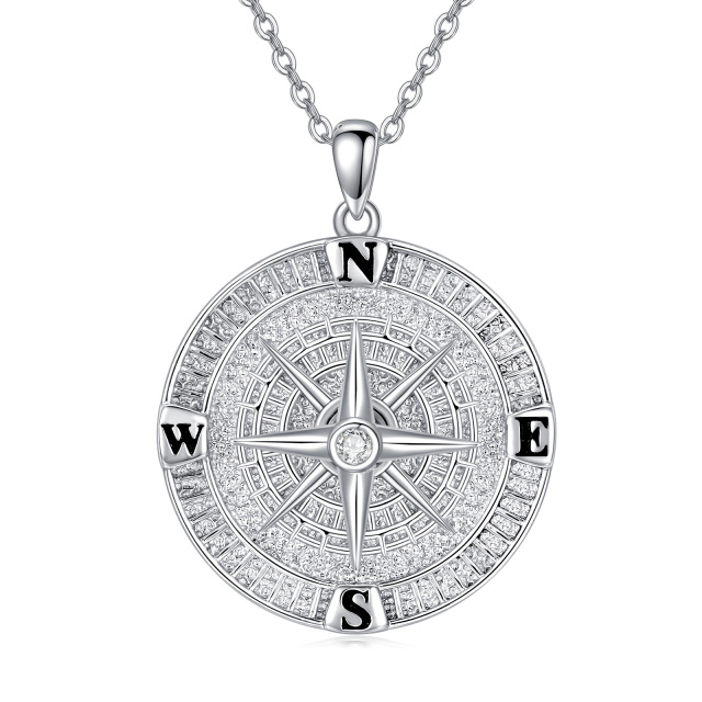 Sterling Silver Cubic Zirconia Compass Pendant Necklace for Men-0