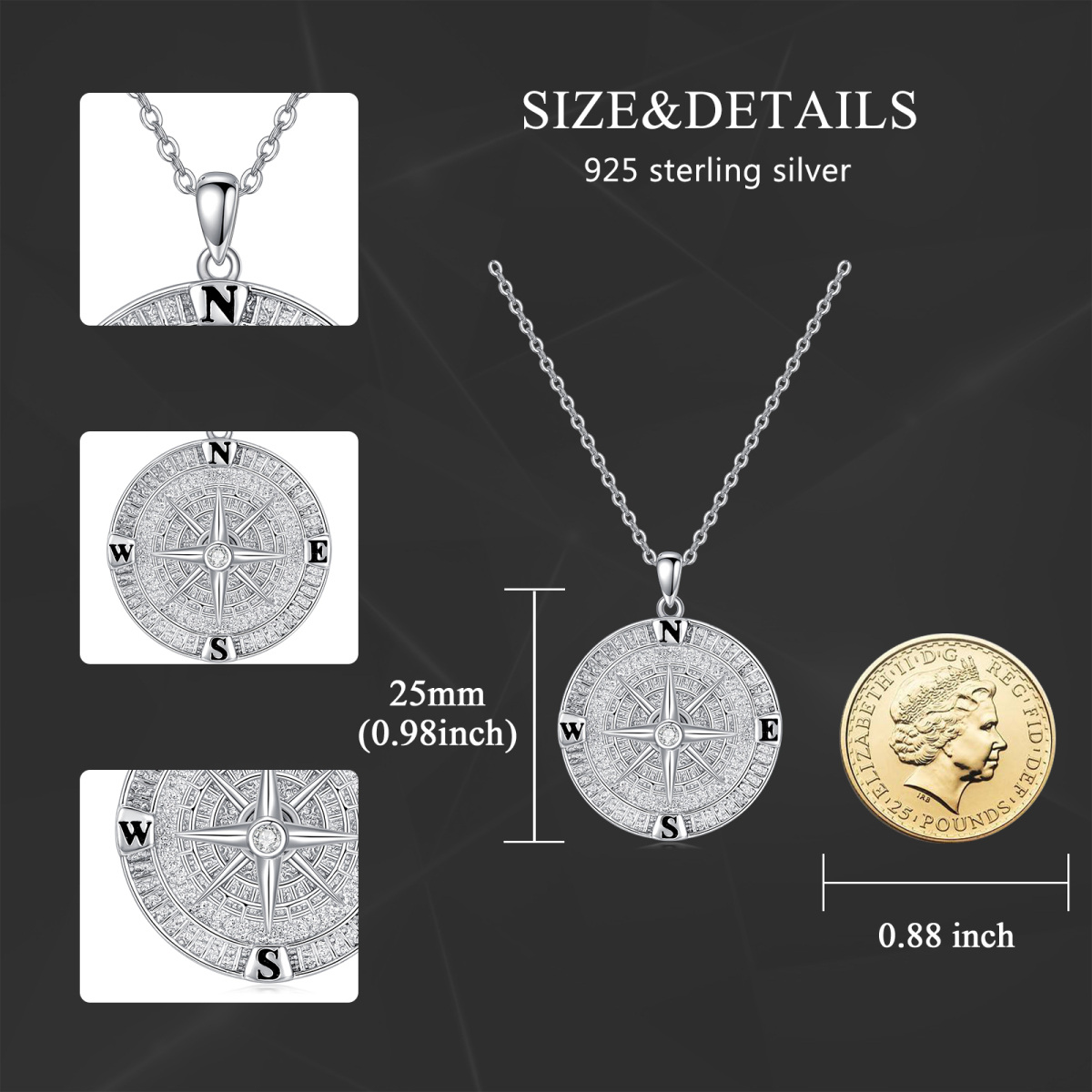 Sterling Silver Cubic Zirconia Compass Pendant Necklace for Men-7