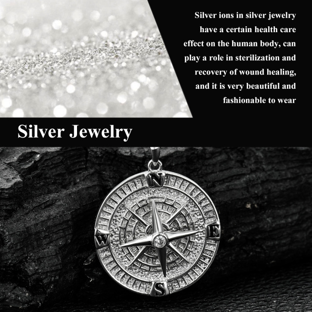Sterling Silver Cubic Zirconia Compass Pendant Necklace for Men-5