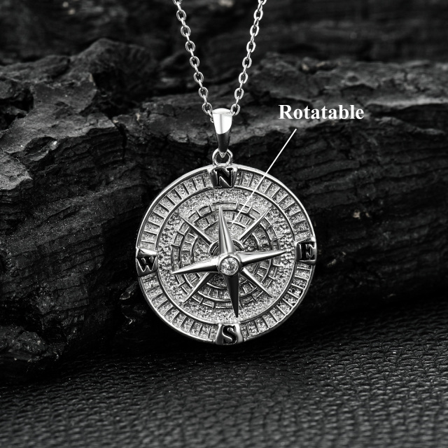 Sterling Silver Cubic Zirconia Compass Pendant Necklace for Men-3