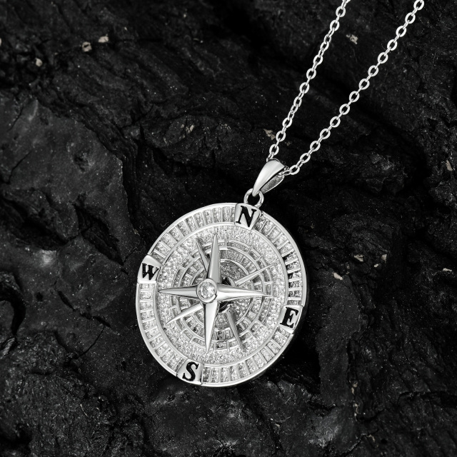 Sterling Silver Cubic Zirconia Compass Pendant Necklace for Men-4