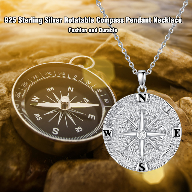 Sterling Silver Cubic Zirconia Compass Pendant Necklace for Men-2