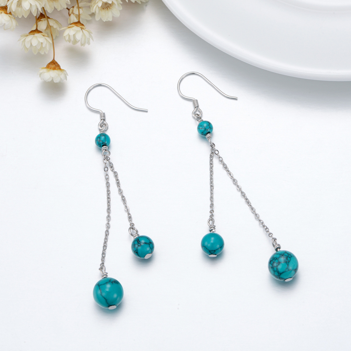 Sterling Silver Circular Shaped Turquoise Bead Drop Earrings-5