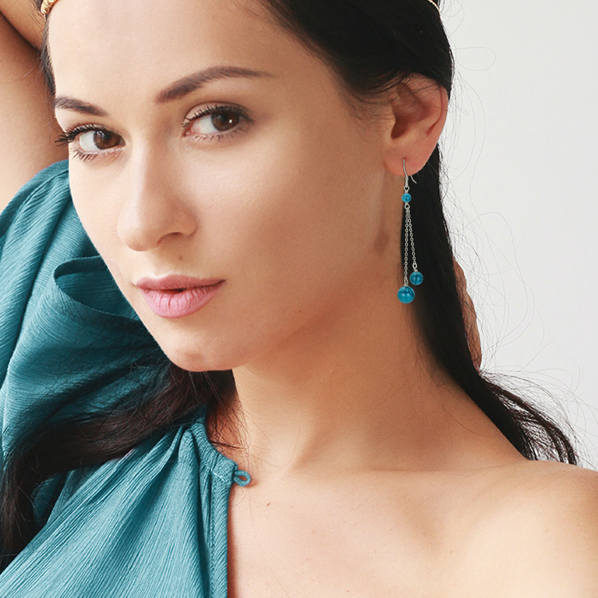 Sterling Silver Circular Shaped Turquoise Bead Drop Earrings-2