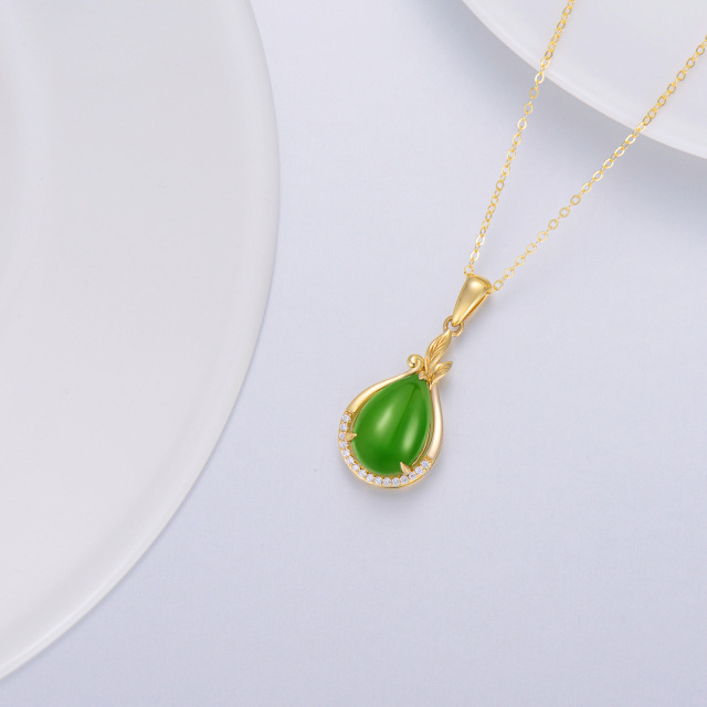 14K Gold Green Jade Drop Shape Pendant Necklace-2