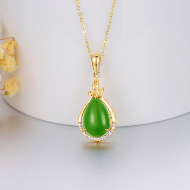 14K Gold Green Jade Drop Shape Pendant Necklace-3