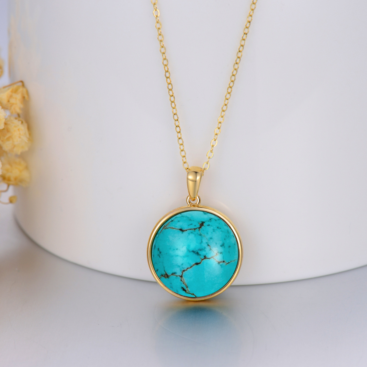14K Gold Circular Shaped Turquoise Pendant Necklace-4