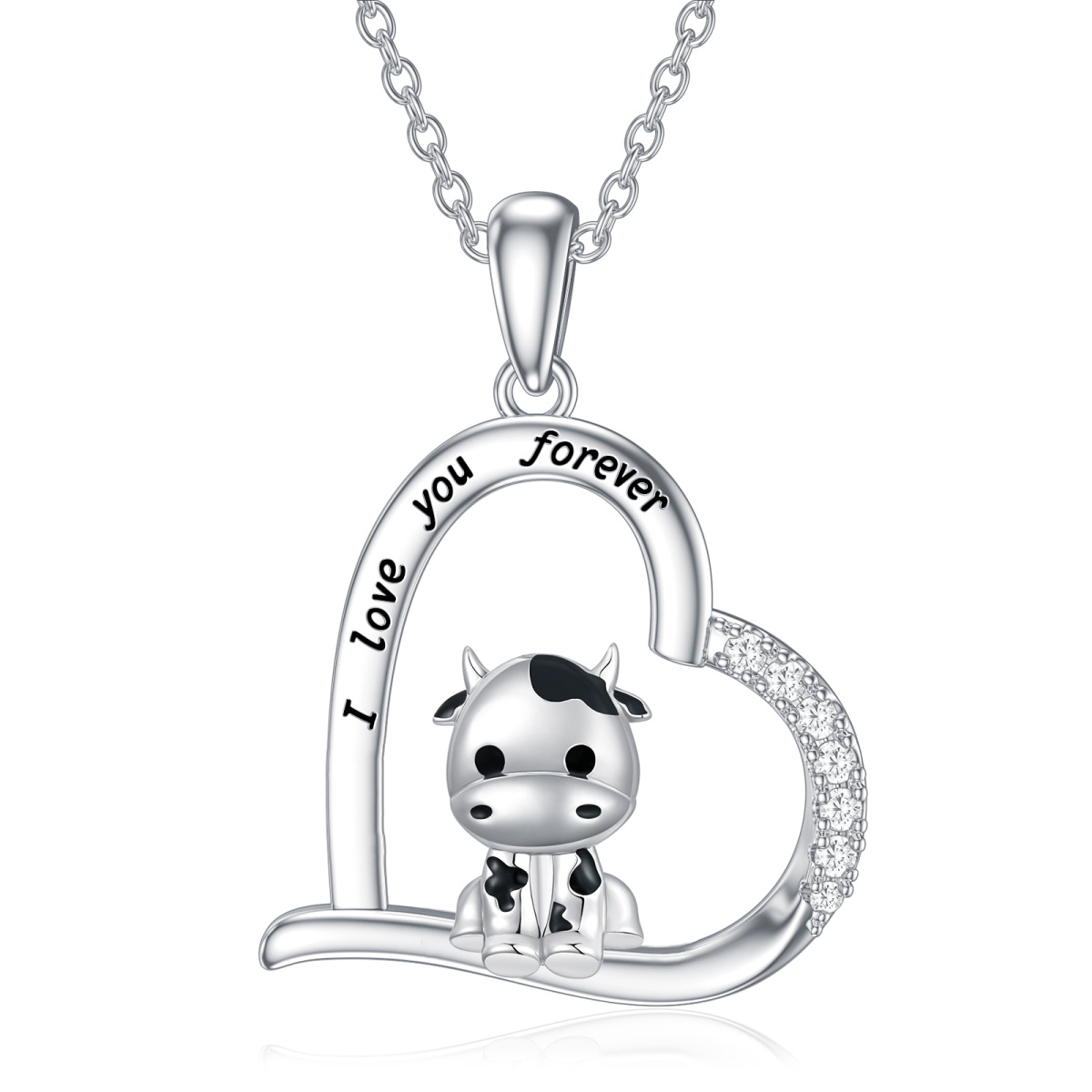 Sterling Silver Cow & Heart Pendant Necklace Engraved I Love You Forever-1