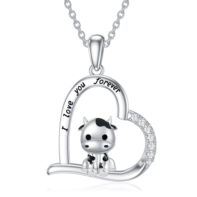 Sterling Silver Cow & Heart Pendant Necklace Engraved I Love You Forever-0