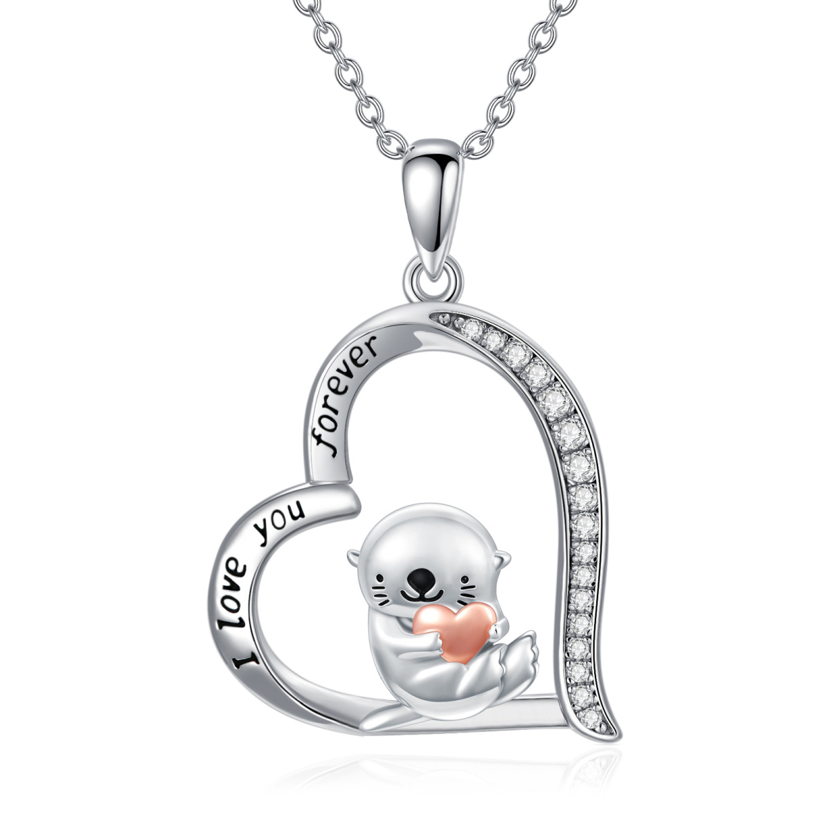 Sterling Silver Two-tone Cubic Zirconia Otter & Sea Otter Pendant Necklace with Engraved Word-1
