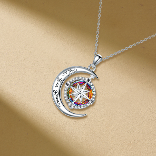 Sterling Silver Circular Shaped Compass & Moon Crystal Pendant Necklace with Engraved Word-2