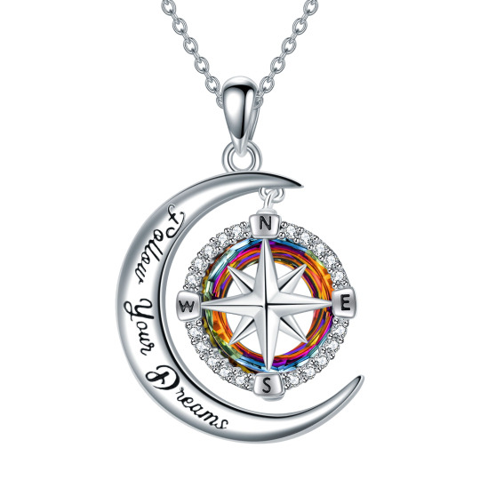 Sterling Silver Circular Shaped Compass & Moon Crystal Pendant Necklace with Engraved Word