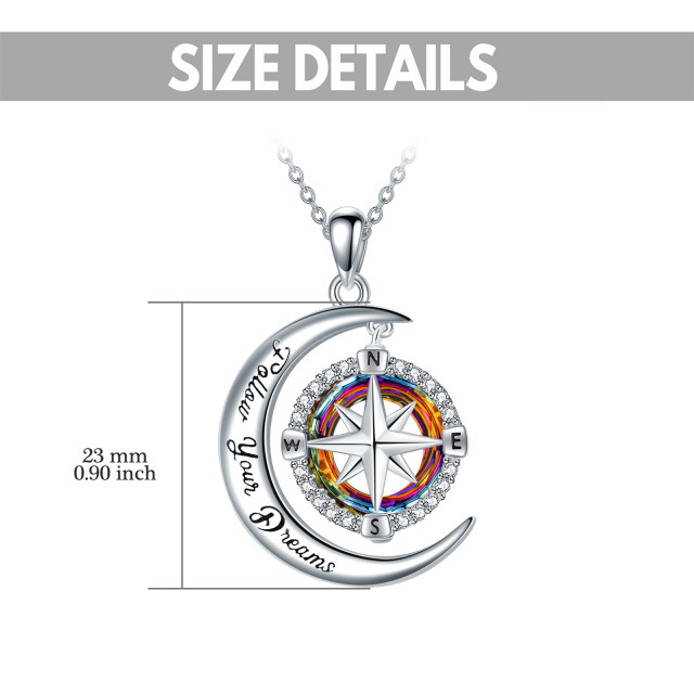 Sterling Silver Circular Shaped Compass & Moon Crystal Pendant Necklace with Engraved Word-3