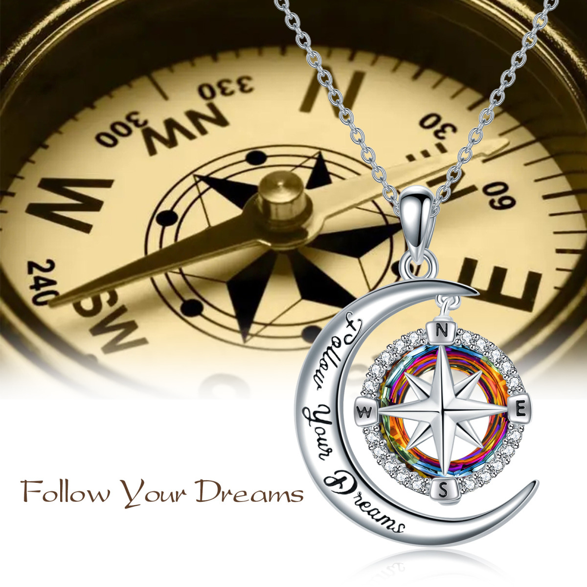 Sterling Silber kreisförmig Kompass & Mond Kristall Anhänger Halskette mit eingraviertem W-5