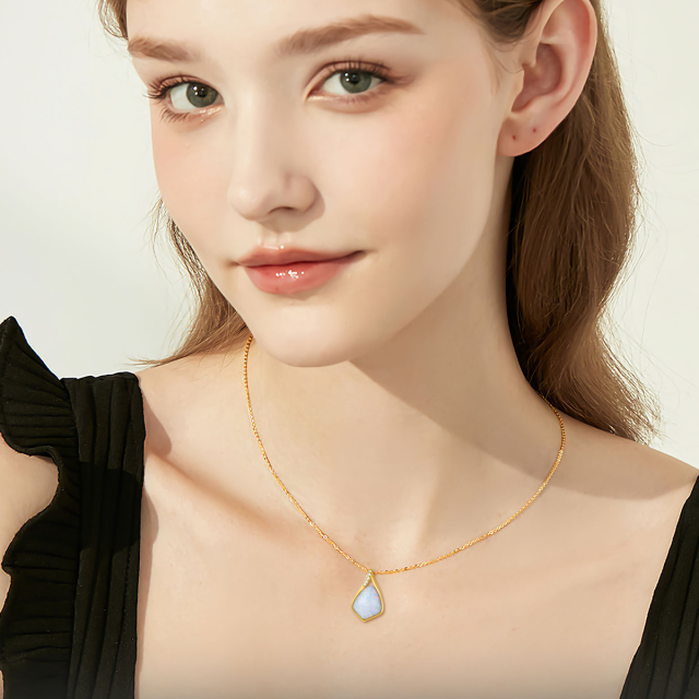 14K Gold Diamond & Blue Opal Drop Pendant Necklace-1