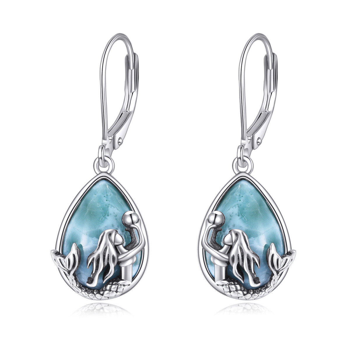 Sterling Silver Pear Shaped Lalimar Stone Mermaid Lever-back Earrings-1