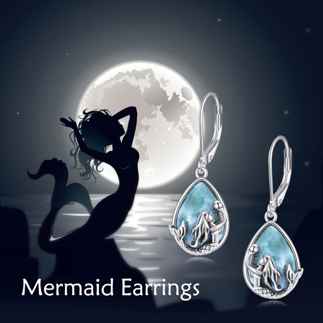 Sterling Silver Pear Shaped Lalimar Stone Mermaid Lever-back Earrings-5