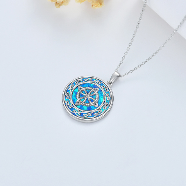 Sterling Silver Circular Shaped Opal Celtic Knot & Witch Knot Pendant Necklace-3