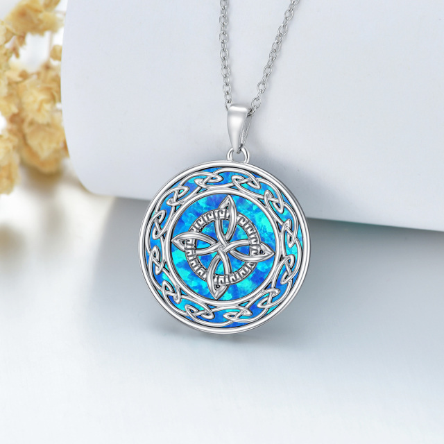 Sterling Silver Circular Shaped Opal Celtic Knot & Witch Knot Pendant Necklace-2