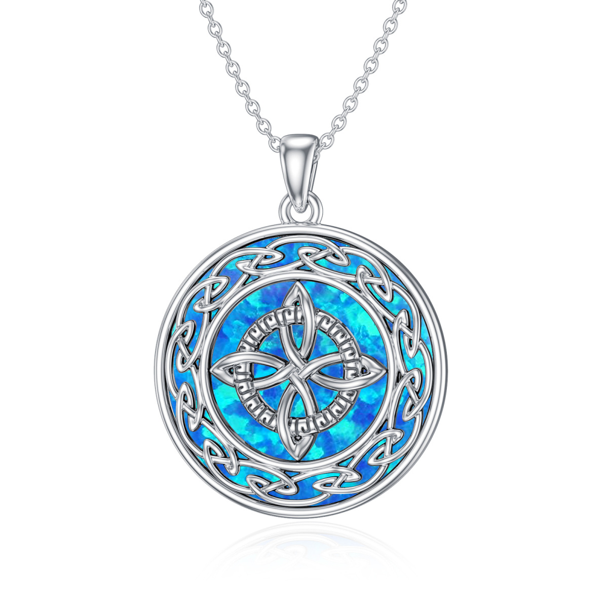 Sterling Silver Circular Shaped Opal Celtic Knot & Witch Knot Pendant Necklace-1