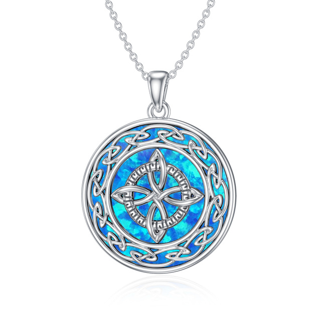 Sterling Silver Circular Shaped Opal Celtic Knot & Witch Knot Pendant Necklace-0