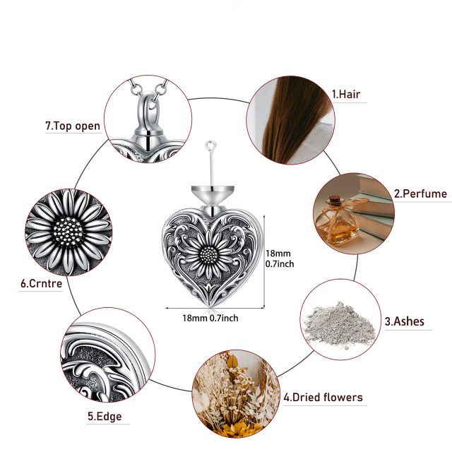 Colar de prata esterlina com girassol e urna em forma de coração-5
