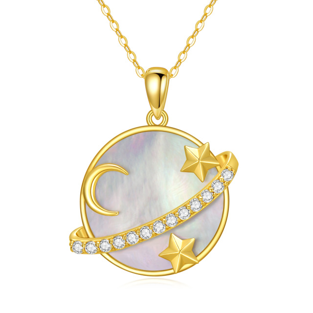 14K Gold Round Mother Of Pearl Moon & Planet & Star Pendant Necklace-4