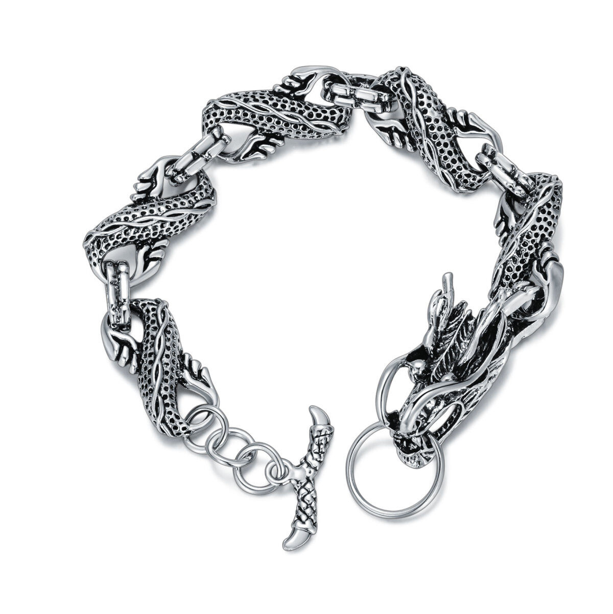Stainless Steel with Retro Silver Plated Dragon & Viking Rune Chain Bracelet for Men-1