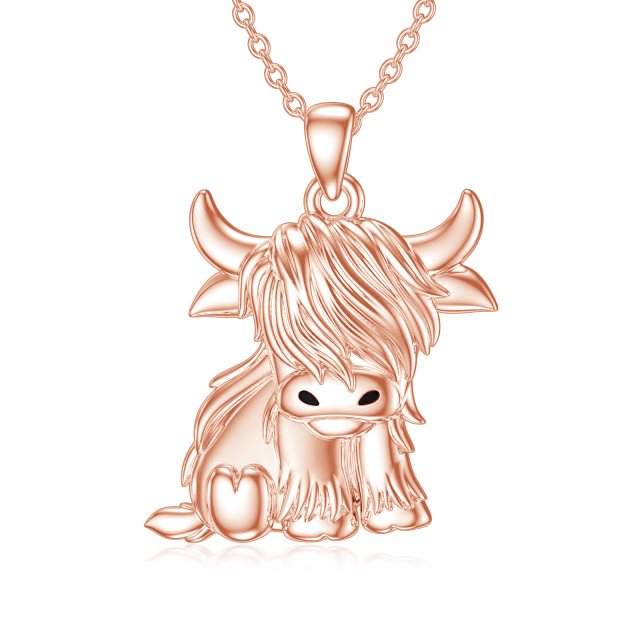 Sterling Silver with Rose Gold Plated Highland Cow Pendant Necklace-0
