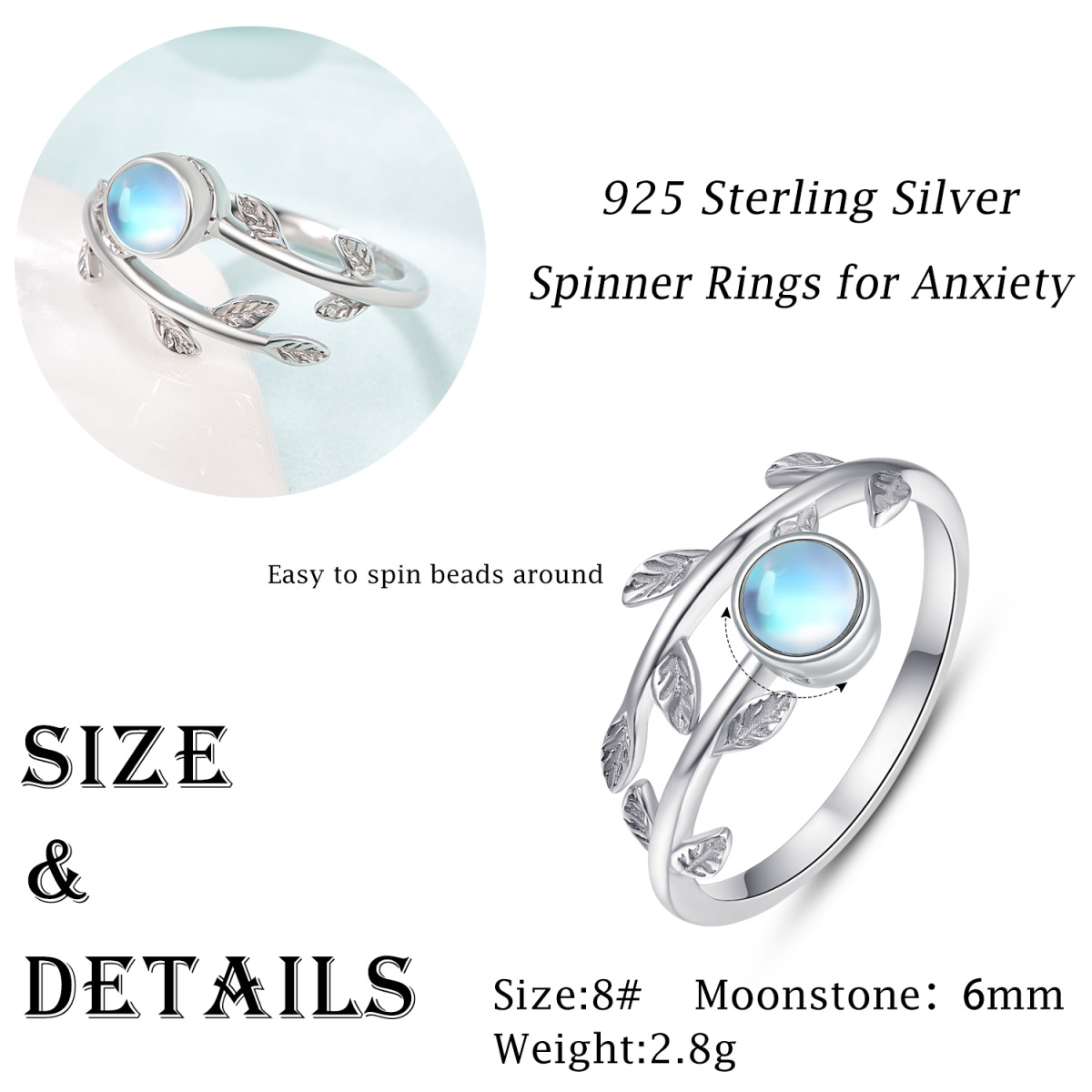 Bague en argent Sterling Moonstone & Opal Leaves Spinner Ring (bague tournante en argent S-7