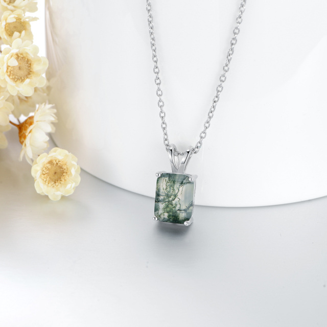 Sterling Silver Moss Agate Square Pendant Necklace-2