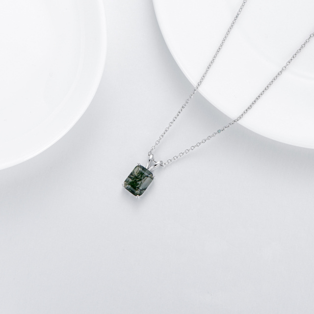 Sterling Silver Moss Agate Square Pendant Necklace-3