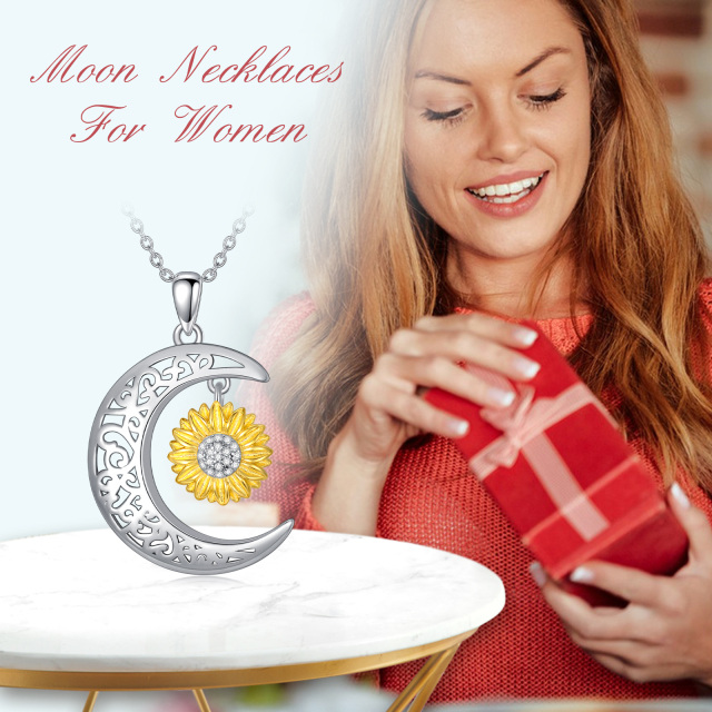 Sterling Silver Two-tone Round Zircon Sunflower & Moon Pendant Necklace-5