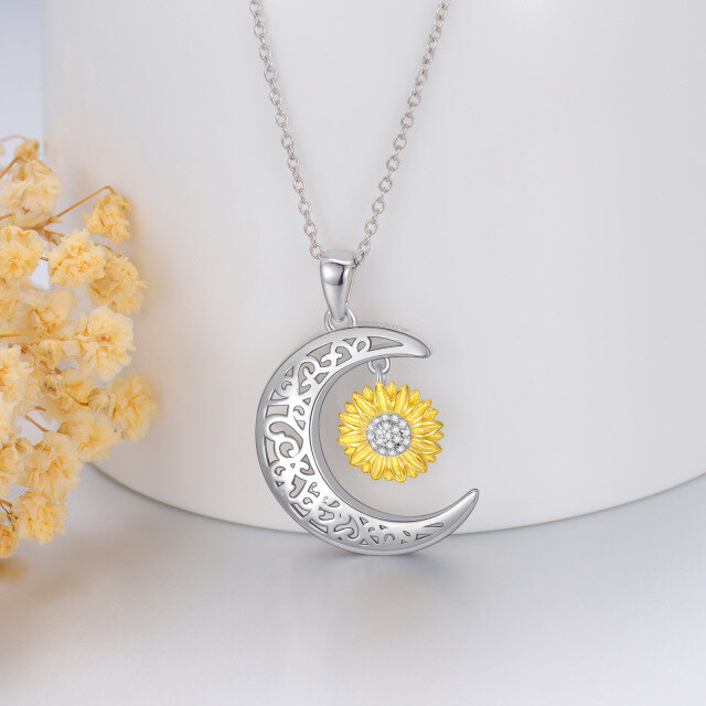 Sterling Silver Two-tone Round Zircon Sunflower & Moon Pendant Necklace-2