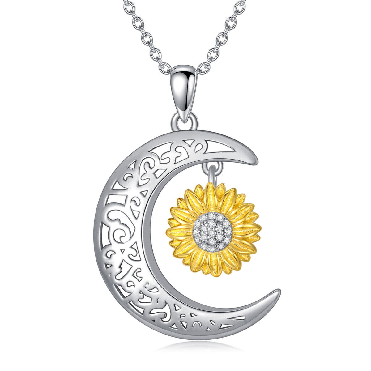 Sterling Silver Two-tone Round Zircon Sunflower & Moon Pendant Necklace-1