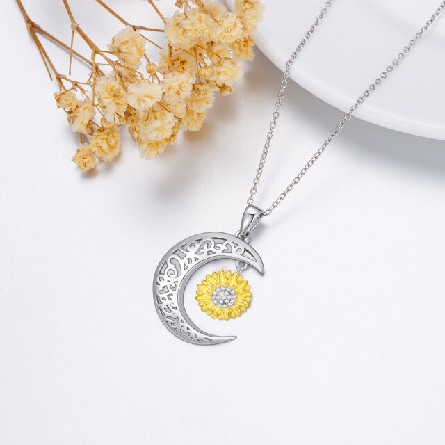 Sterling Silver Two-tone Round Zircon Sunflower & Moon Pendant Necklace-3