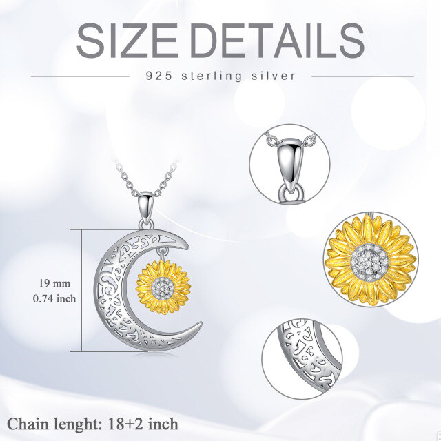 Sterling Silver Two-tone Round Zircon Sunflower & Moon Pendant Necklace-4