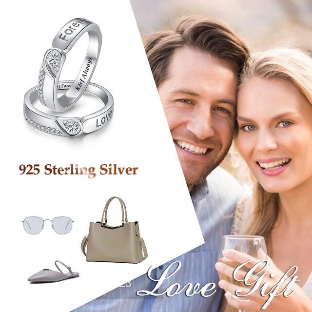 Conjunto de dois anéis de casal combinando em prata esterlina para ele e ela-4