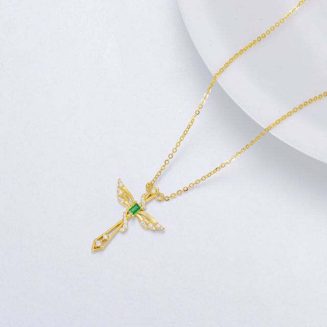 14K Gold Princess-square Shaped Emerald Angel Wing & Cross Pendant Necklace-2